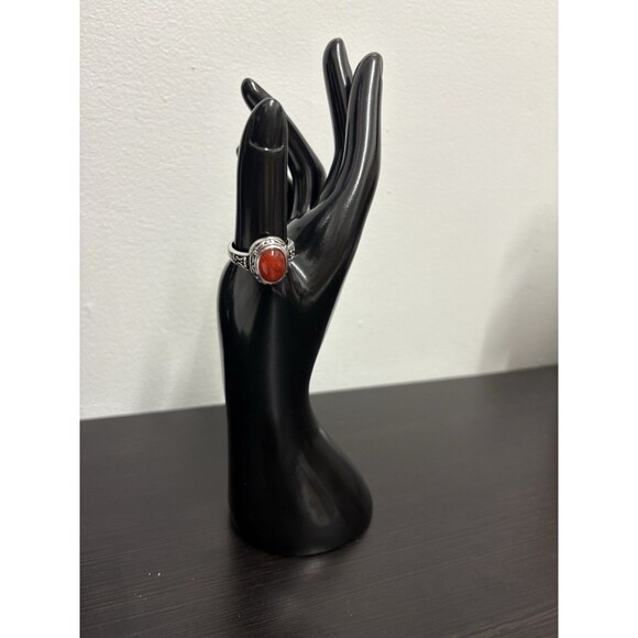 Faux Red Carnelian Stone On Silvertone Band Ring Costume Ring Size 9.75 - Picture 8 of 16